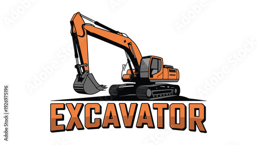 Orange excavator machine illustration with bold text label
