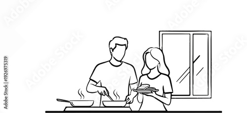 Couple cooking together in a kitchen, one prepares food, the other holds a plate