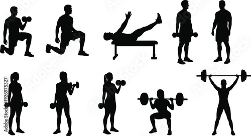 Silhouettes of people performing various weightlifting and exercise routines with dumbbells and barbells