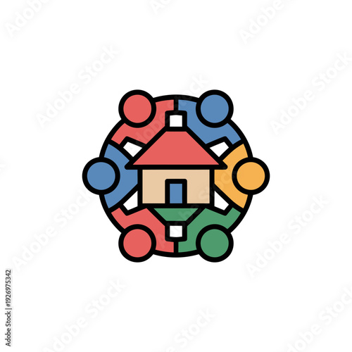 A colorful vector graphic of people holding hands in a circle around a house