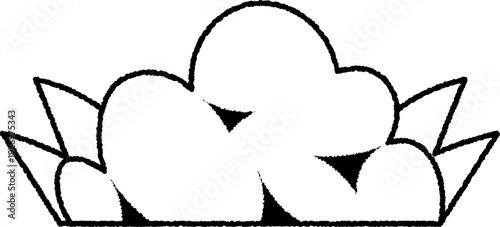 Distressed Line Art Bushy Cloud with Leafy Accents Isolated Clip Art