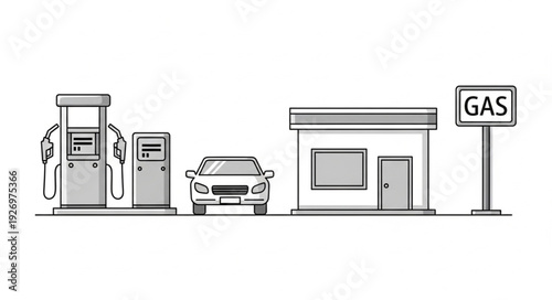 Gas station scene with car, pumps, and building, a simple illustration.
