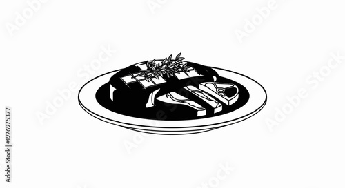 Elegant plate with grilled meats and herbs, artistic line drawing