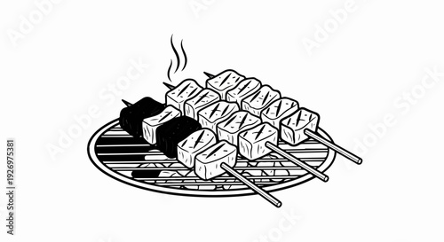 Grilled skewers of cubed food with grill marks, on a round grill