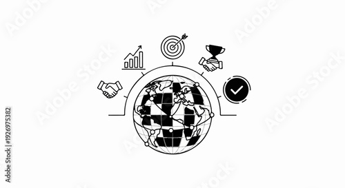 Global success icons surrounding a stylized globe partnership, progress, goals, achievement