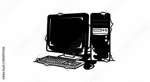 Grunge-style illustration of a computer, monitor, keyboard, and mouse