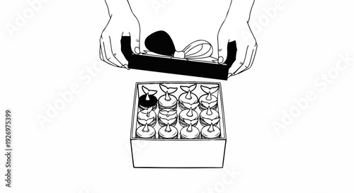 Hands opening a box of fish-shaped pastries with a bow
