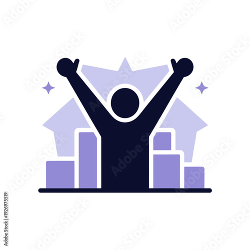 A minimalist vector graphic of a triumphant person celebrating with arms raised in a cityscape