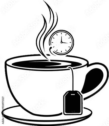 Steaming cup of tea with a teabag and a clock on the steam