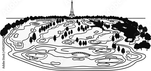 Stylized aerial view of a golf course with the Eiffel Tower in the background