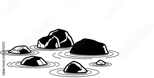 Stylized black and white illustration of smooth rocks submerged in water