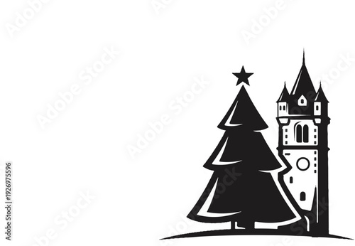 Stylized black silhouette of a Christmas tree with a star atop next to a tower