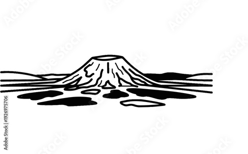 Stylized outline of a volcanic mountain with lava flows in a flat landscape