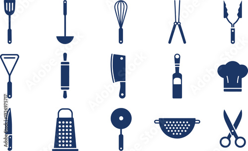 Collection of dark blue kitchen utensils and tools
