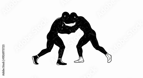 Two figures locked in a wrestling match, showcasing muscular bodies