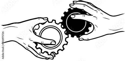 Two hands interlocking gears, symbolizing teamwork and connection