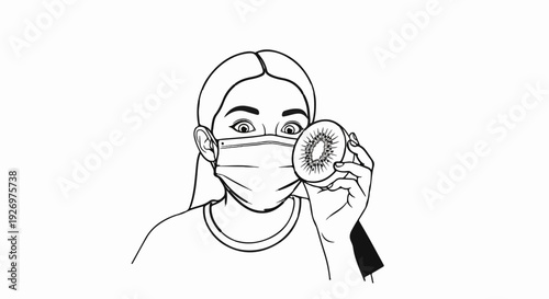 Woman in mask peers at kiwi fruit, surprised expression