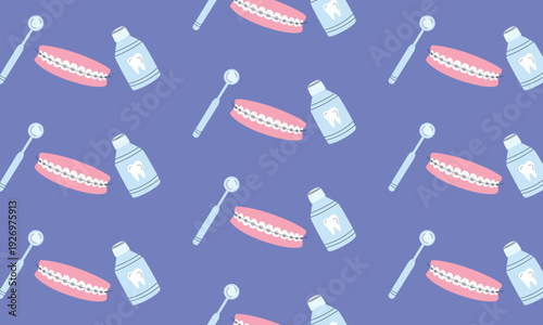 Dental Care Pattern Background with Teeth in Braces, Mouthwash and Dental Instrument, Orthodontic Concept