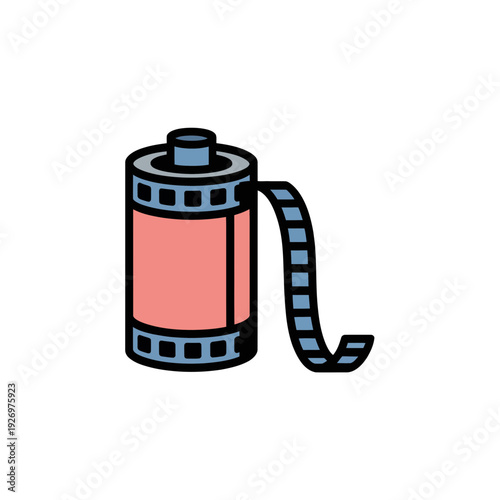 A colorful film reel icon with a blue and pink design on a white background