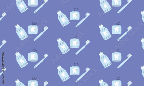 Dental Care Pattern Background with Dental Floss, Toothbrush and Mouthwash, Oral Hygiene Concept