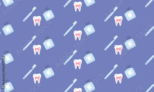 Dental Care Pattern Background with Teeth, Toothbrush and Dental Floss, Oral Hygiene Concept
