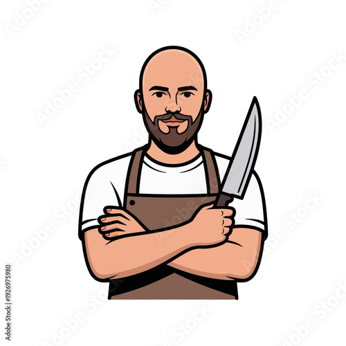 A cartoon chef holding a large knife in a confident pose, wearing a brown apron and white shirt.