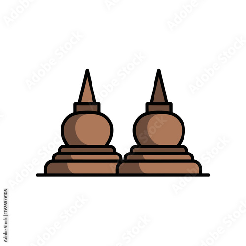 A minimalist vector illustration of two brown stupa icons with pointed tops on a white background
