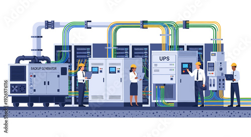 Industrial Machinery with Workers and Piping System.