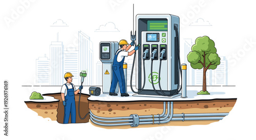 Workers Refueling Electric Vehicle at Charging Station.