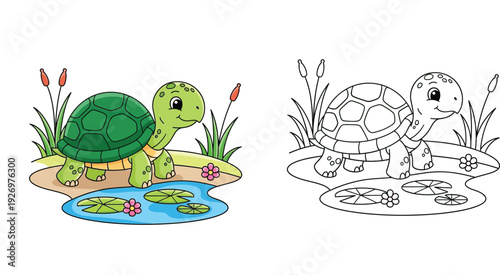 Cute cartoon turtle near a pond with lily pads. Coloring book page template for kids with colorful example and black and white outline. Vector illustration.