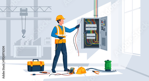 Electrician Working on Electrical Control Panel.