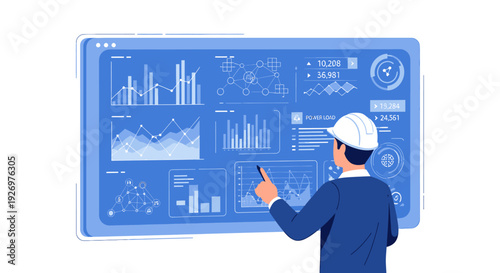 Man in Suit Interacting with Data Screen.