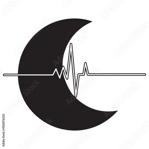Minimalist black crescent moon icon with a white heartbeat EKG line representing nocturnal health monitoring and sleep quality tracking isolated on white for medical and wellness design.