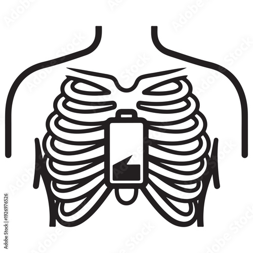 Minimalist Human Ribcage Illustration with Low Battery Icon Representing Physical Burnout and Mental Exhaustion Conceptual Vector Art for Health and Wellness Awareness Campaigns
