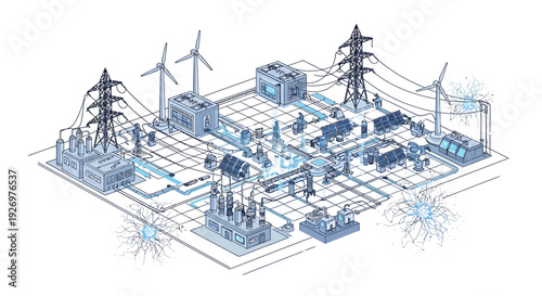 Renewable Energy Infrastructure Diagram with Turbines and Towers.