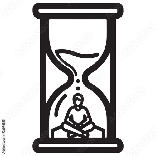 Minimalist line art illustration of a person meditating inside an hourglass with sand falling, representing time management, mindfulness under pressure, and the fleeting nature of life.