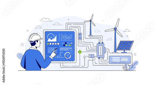 Engineer analyzing renewable energy data on tablet.
