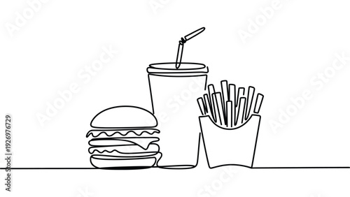 minimal continuous line drawing of burger soda cup and french fries fast food meal outline vector illustration isolated on white background modern monochrome design 