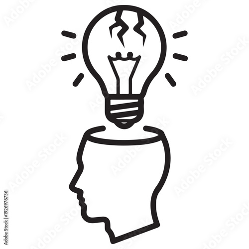 Minimalist line art illustration of a human head profile with a cracked light bulb floating above, symbolizing a broken idea, mental burnout, or failed creative thought process.