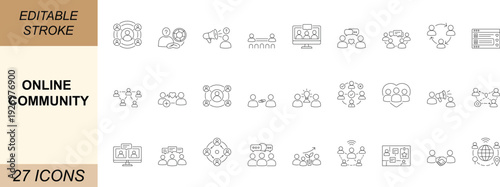Online community line icon pack with group, network, chat and member interaction symbols for web, mobile, dashboard and SaaS interface design. Editable for easy customization.