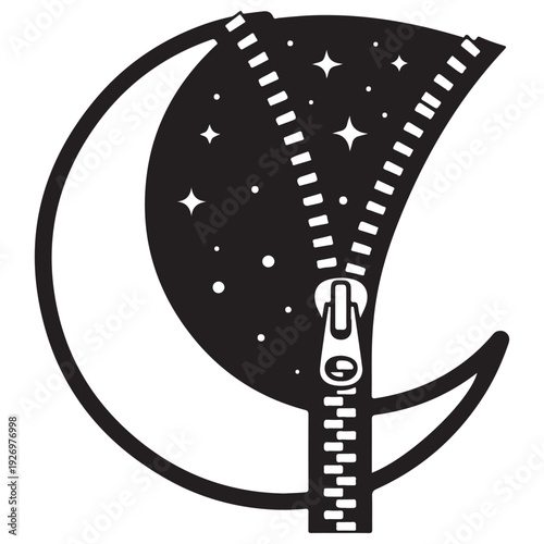 Surreal crescent moon illustration unzipping to reveal a starry night sky, minimalist black and white vector art design with a creative, imaginative, and dreamy aesthetic for graphic design.