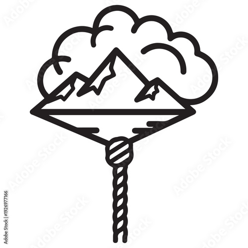 Conceptual mountain balloon illustration floating with a tethered rope against a cloud backdrop, representing travel goals, adventure dreams, and reaching new heights in a minimalist line art style.