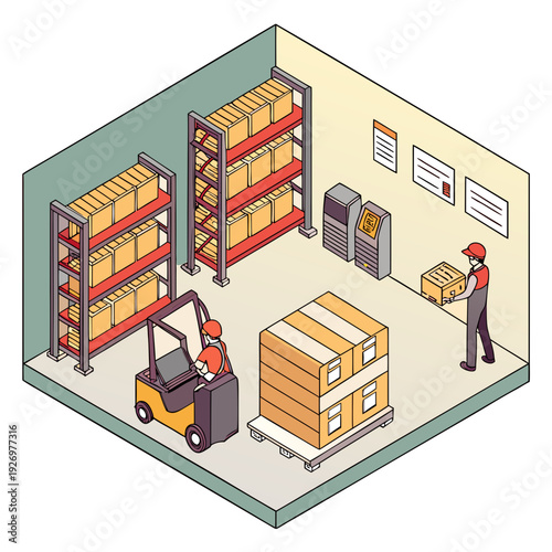 Modern isometric warehouse interior with forklift, employees, and automated systems, depicting efficient logistics, storage, and supply chain operations.