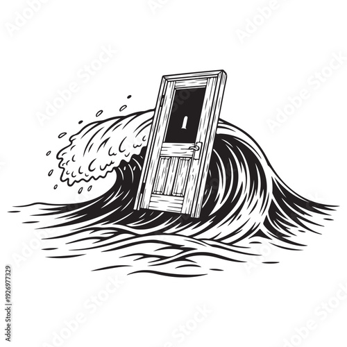 Surreal wooden door standing amidst a powerful crashing ocean wave, symbolizing new beginnings, transitions, and overcoming obstacles in a vintage high-contrast black and white woodcut style.