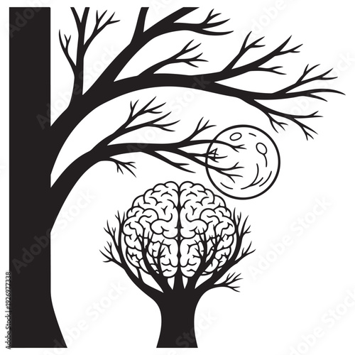 Surreal brain tree illustration representing mental growth and cognitive function, set in a minimalist night forest scene with a full moon, eerie black and white line art style for design.