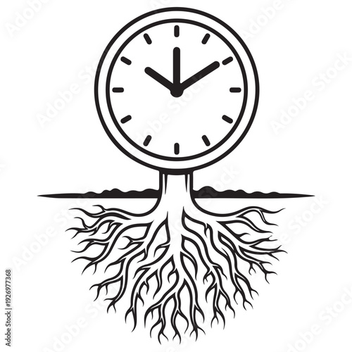 Minimalist black and white vector illustration of a clock face growing like a tree with deep intricate roots, representing time management, life cycles, and long-term investment growth.