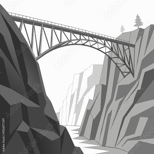 Monochromatic low-poly illustration of a steel arch bridge spanning a rocky canyon with a river below.