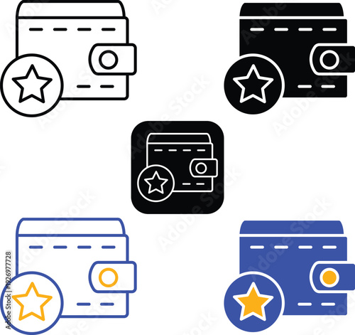 Wallet with star icon for digital payment loyalty program rewards membership finance app interface savings discount Hand Drowing Vector Silhouette, Pictogram and Line Icon Set.eps