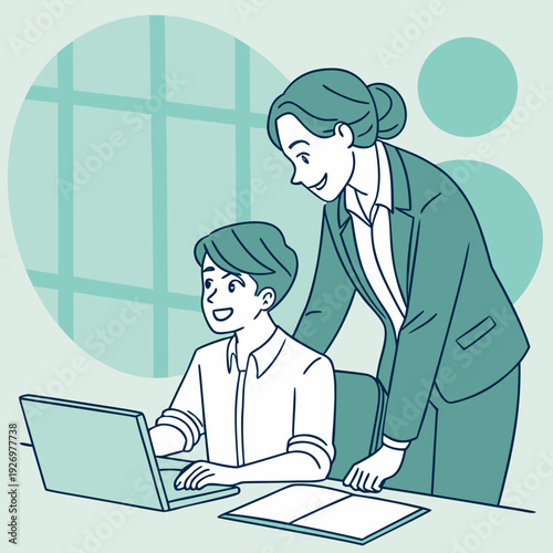 Business mentor guiding employee on laptop, fostering collaboration and learning in a bright, modern office environment.