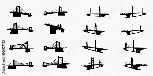 Set of black bridge silhouettes, various types of bridges including suspension, cable-stayed, and truss designs on a transparent background.